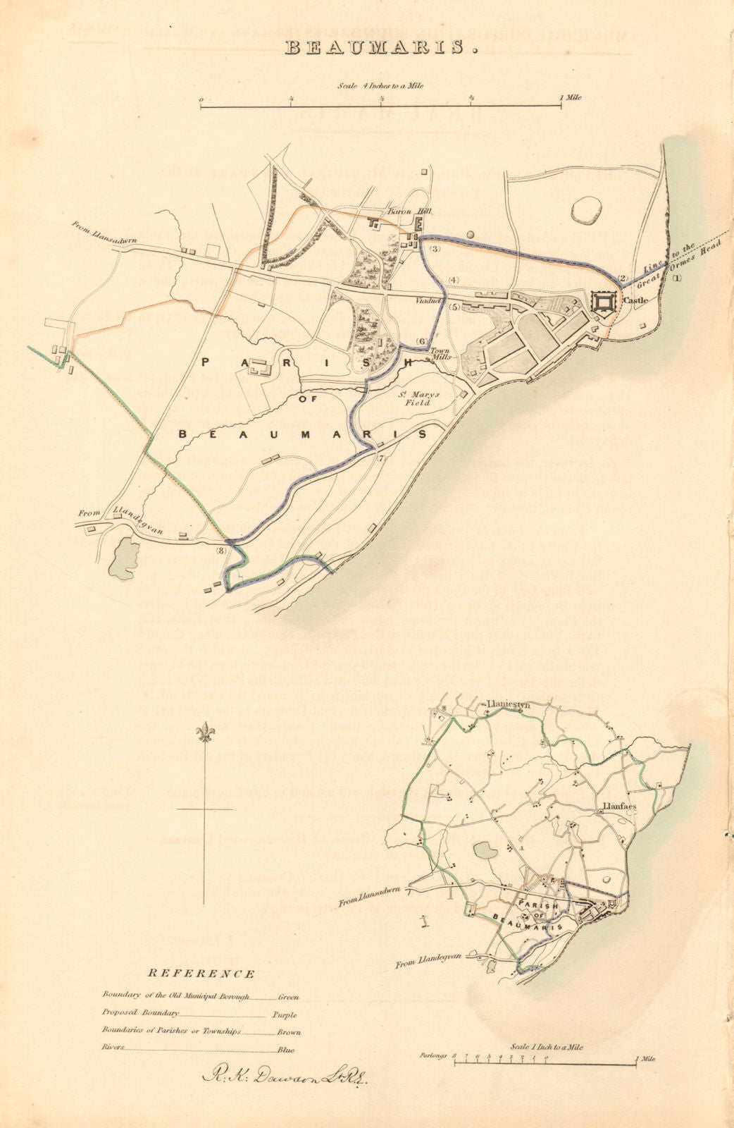 BEAUMARIS borough/town plan. BOUNDARY COMMISSION. Wales. DAWSON 1837 old map